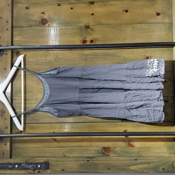 BOHO DAZE GAUZY GRAY WHITE SLIP DRESS PEASANT EMBROIDERED SUMMER MINI GYPSY BABY - Picture 2 of 7